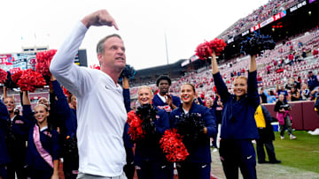 Ole Miss coach Lane Kiffin celebrates after a college football game between the University of Oklahoma Sooners (OU) and the Ole Miss Rebels at Gaylord Family Ð Oklahoma Memorial Stadium in Norman, Okla., Saturday, Oct. 25, 2025. Ole Miss won 34-26.