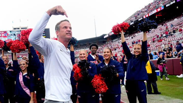 Ole Miss coach Lane Kiffin celebrates after a college football game between the University of Oklahoma Sooners (OU) and the Ole Miss Rebels at Gaylord Family Ð Oklahoma Memorial Stadium in Norman, Okla., Saturday, Oct. 25, 2025. Ole Miss won 34-26.