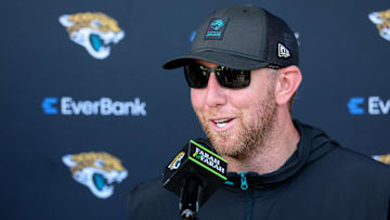 Jul 25, 2025; Jacksonville, FL, USA; Jacksonville Jaguars head coach Liam Coen talks to media after training camp at Miller Electric Center. Mandatory Credit: Nathan Ray Seebeck-Imagn Images