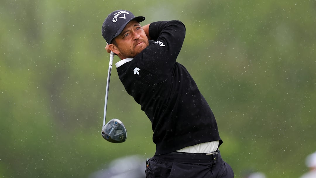 Xander Schauffele tees off during the second round of the 2025 Truist Championship