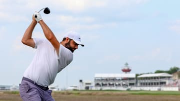 Scottie Scheffler tees off during the third round of the 2024 RBC Heritage at Harbour Town Golf Links