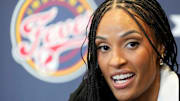 Indiana Fever forward DeWanna Bonner speaks during an introductory press conference Monday, Feb. 10, 2025, at Gainbridge Fieldhouse in Indianapolis.