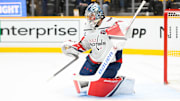 Jan 11, 2025; Nashville, Tennessee, USA;   Washington Capitals goaltender Logan Thompson (48) against the Nashville Predators during the first period at Bridgestone Arena. Mandatory Credit: Steve Roberts-Imagn Images