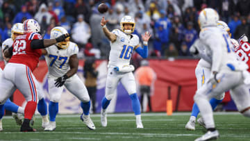 Los Angeles Chargers quarterback Justin Herbert throws a pass during their match with the New England Patriots on Dec. 3, 2023 at Gillette Stadium in Foxborough, Mass. The Chargers won 6-0.