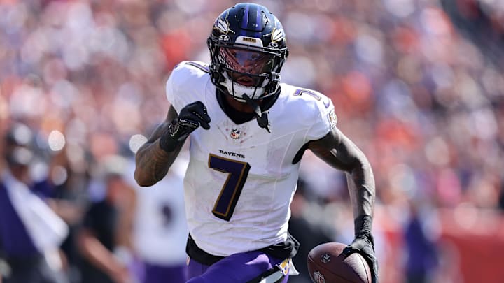 Oct 6, 2024; Cincinnati, Ohio, USA; Baltimore Ravens wide receiver Rashod Bateman (7) scores a touchdown during the second quarter against the Cincinnati Bengals at Paycor Stadium. Mandatory Credit: Joseph Maiorana-Imagn Images