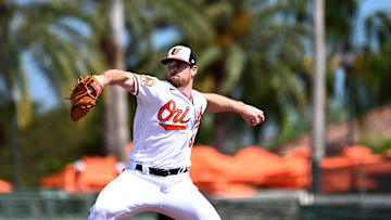 Feb 27, 2023; Sarasota, Florida, USA; Baltimore Orioles pitcher Bruce Zimmermann (50) throws a pitch in the first inning of a spring training game against the Tampa Bay Rays at Ed Smith Stadium. Mandatory Credit: Jonathan Dyer-Imagn Images