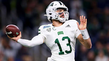 Parker Navarro #13 of the Ohio Bobcats throws a pass during the first quarter of the MAC Championship game against the Miami of Ohio Redhawks at Ford Field on December 07, 2024 in Detroit, Michigan.