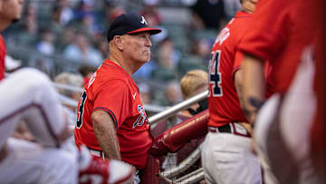 Aug 23, 2024; Cumberland, Georgia, USA; Atlanta Braves manager Brian Snitker (43) in the game against Washington Nationals during the third inning at Truist Park.