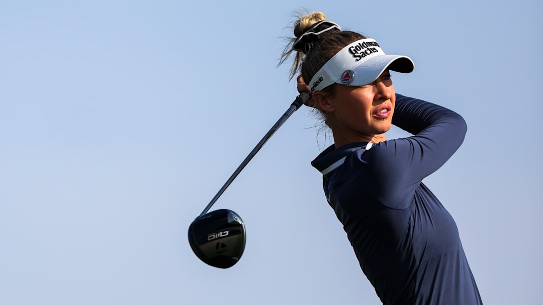 Nelly Korda tees off during the third round of the 2025 Ford Championship Presented By Wild Horse Pass