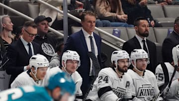 Nov 25, 2024; San Jose, California, USA;  Los Angeles Kings head coach Jim Hiller watches the action against the San Jose Sharks in the third period at SAP Center at San Jose. Mandatory Credit: David Gonzales-Imagn Images