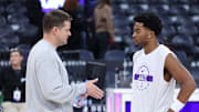 Dec 7, 2025; Salt Lake City, Utah, USA; Utah Jazz head coach Will Hardy (left) speaks with forward Brice Sensabaugh (right) before the game against the Oklahoma City Thunder at Delta Center. Mandatory Credit: Rob Gray-Imagn Images