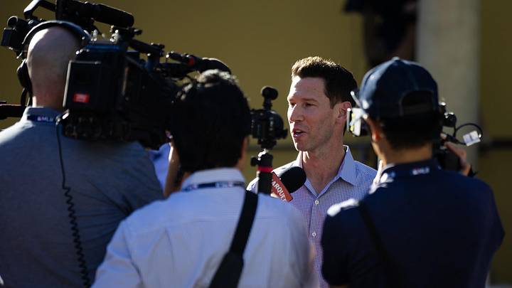 Nov 7, 2023; Scottsdale, AZ, USA; Boston Red Six chief baseball officer Craig Breslow speaks to the media during the MLB General Manager's Meetings at Omni Scottsdale Resort & Spa. Mandatory Credit: Mark J. Rebilas-Imagn Images