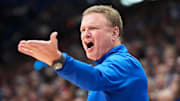 Dec 22, 2024; Lawrence, Kansas, USA; Kansas Jayhawks head coach Bill Self reacts to play against the Brown Bears during the second half at Allen Fieldhouse. Mandatory Credit: Denny Medley-Imagn Images