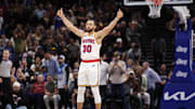 Feb 27, 2025; Orlando, Florida, USA; Golden State Warriors guard Stephen Curry (30) celebrates after a basket against the Orlando Magic in the fourth quarter at Kia Center. Mandatory Credit: Nathan Ray Seebeck-Imagn Images