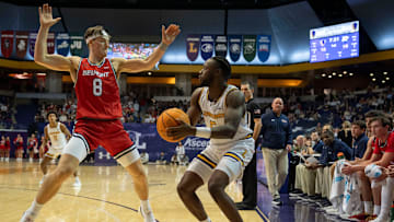 Belmont’s Tyler Lundblade guards Lipscomb’s Miles White during the game at Lipscomb in Nashville, Tenn., Tuesday, Nov. 12, 2024.