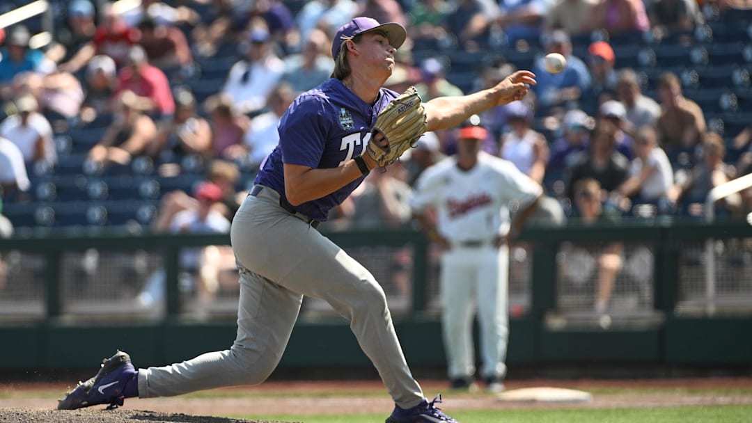Jun 18, 2023; Omaha, NE, USA;  TCU Horned Frogs pitcher Ben Abeldt (46) throws against the Virginia Cavaliers at Charles Schwab Field Omaha.