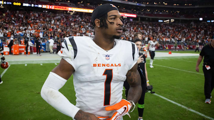 Oct 8, 2023; Glendale, Arizona, USA; Cincinnati Bengals wide receiver Ja'Marr Chase (1) against the Arizona Cardinals at State Farm Stadium. Mandatory Credit: Mark J. Rebilas-Imagn Images