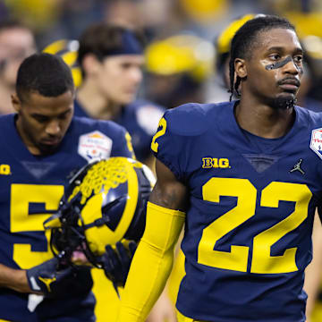 Dec 31, 2022; Glendale, Arizona, USA; Michigan Wolverines defensive back Gemon Green (22) against the TCU Horned Frogs during the 2022 Fiesta Bowl at State Farm Stadium. Mandatory Credit: Mark J. Rebilas-Imagn Images