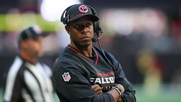 Oct 20, 2024; Atlanta, Georgia, USA; Atlanta Falcons head coach Raheem Morris on the sideline against the Seattle Seahawks in the second quarter at Mercedes-Benz Stadium. Mandatory Credit: Brett Davis-Imagn Images

