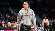 Nov 23, 2025; Columbia, South Carolina, USA; South Carolina Gamecocks head coach Dawn Staley directs her tam against the Queens Royals in the second half at Colonial Life Arena. Mandatory Credit: Jeff Blake-Imagn Images