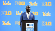 Jul 24, 2024; Indianapolis, IN, USA;  UCLA Bruins head coach DeShaun Foster speaks to the media during the Big 10 football media day at Lucas Oil Stadium. Mandatory Credit: Robert Goddin-USA TODAY Sports