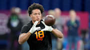 Mar 1, 2025; Indianapolis, IN, USA; Iowa State wideout Jayden Higgins (WO18) during the 2025 NFL Combine at Lucas Oil Stadium. Mandatory Credit: Kirby Lee-Imagn Images