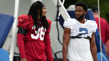 Arizona Cardinals safety Andre Chachere (36) talks with Indianapolis Colts wide receiver Greg Ward (3) during a joint practice on Thursday, Aug. 15, 2024, at Grand Park Sports Complex in Westfield.