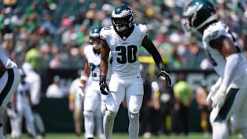 Aug 16, 2025; Philadelphia, Pennsylvania, USA; Philadelphia Eagles linebacker Jihaad Campbell (30) in action against the Cleveland Browns in the first half at Lincoln Financial Field. Mandatory Credit: Kyle Ross-Imagn Images