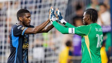 Aug 17, 2024; Chester, Pennsylvania, USA; Philadelphia Union defender Damion Lowe (17) celebrates with goalkeeper Andre Blake (18) after scoring his penalty during a shootout against Mazatlan FC in a Leagues Cup quarterfinal match at Subaru Park. Mandatory Credit: Caean Couto-USA TODAY Sports