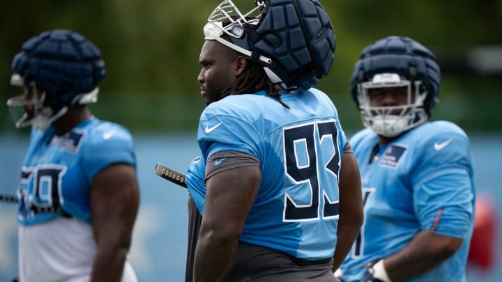 Tennessee Titans defensive tackle T'Vondre Sweat (93) runs through drills at Ascension Saint Thomas Sports Park in Nashville, Tenn., Wednesday, Aug. 14 2024. This is the first day of the Titans joint practice with the Seattle Seahawks.