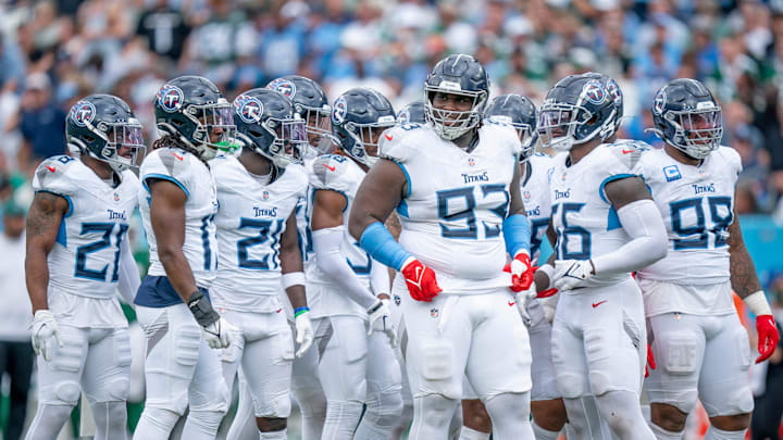 The Tennessee Titans defense huddles up during the third quarter of their game against the New York Jets at Nissan Stadium in Nashville, Tenn., Sunday, Sept. 15, 2024.