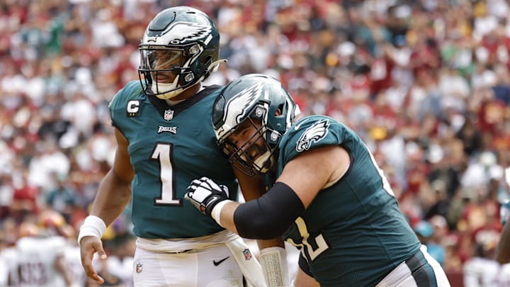 Philadelphia Eagles quarterback Jalen Hurts and center Jason Kelce on Sep 25, 2022. Philadelphia Eagles quarterback Jalen Hurts and center Jason Kelce on Sep 25, 2022.