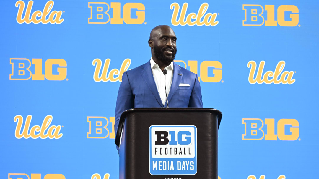 Jul 24, 2024; Indianapolis, IN, USA;  UCLA Bruins head coach DeShaun Foster speaks to the media during the Big 10 football media day at Lucas Oil Stadium. Mandatory Credit: Robert Goddin-USA TODAY Sports