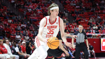 Feb 29, 2024; Salt Lake City, Utah, USA; Utah Utes center Branden Carlson (35) drives to the basket against the Stanford Cardinal during the second half at Jon M. Huntsman Center. Mandatory Credit: Rob Gray-USA TODAY Sports