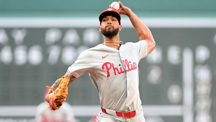 Jun 12, 2024; Boston, Massachusetts, USA; Philadelphia Phillies pitcher Cristopher Sanchez (61) pitches against the Boston Red Sox during the first inning at Fenway Park. Mandatory Credit: Brian Fluharty-USA TODAY Sports