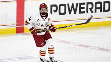 Feb 28, 2025; Chestnut Hill, MA, USA; Boston College forward Gabe Perreault (34) skates against the University of New Hampshire Wildcats during the second period at Conte Forum. Mandatory Credit: Eric Canha-Imagn Images