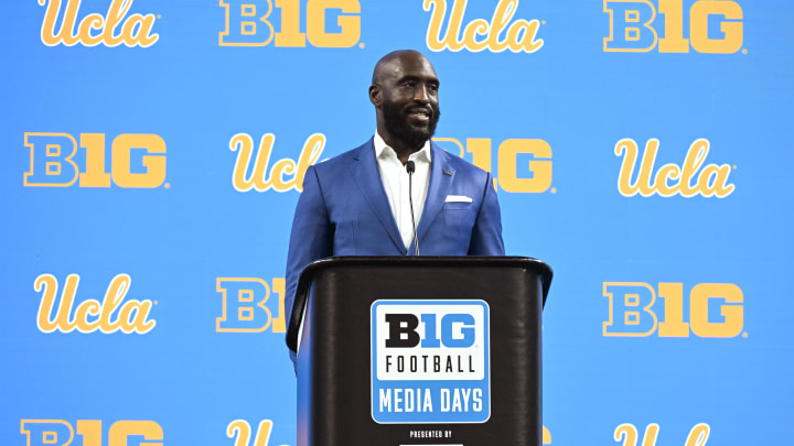 Jul 24, 2024; Indianapolis, IN, USA;  UCLA Bruins head coach DeShaun Foster speaks to the media during the Big 10 football media day at Lucas Oil Stadium. Mandatory Credit: Robert Goddin-USA TODAY Sports