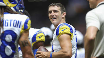 Aug 24, 2024; Houston, Texas, USA; Los Angeles Rams quarterback Stetson Bennett (13) on the sideline during the first quarter against the Houston Texans at NRG Stadium. Mandatory Credit: Troy Taormina-Imagn Images