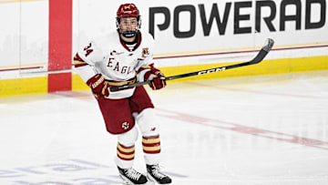 Feb 28, 2025; Chestnut Hill, MA, USA; Boston College forward Gabe Perreault (34) skates against the University of New Hampshire Wildcats during the second period at Conte Forum. Mandatory Credit: Eric Canha-Imagn Images