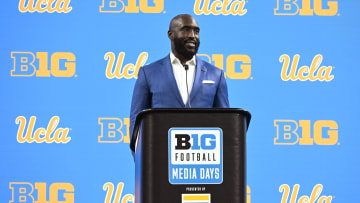 Jul 24, 2024; Indianapolis, IN, USA;  UCLA Bruins head coach DeShaun Foster speaks to the media during the Big 10 football media day at Lucas Oil Stadium. Mandatory Credit: Robert Goddin-USA TODAY Sports