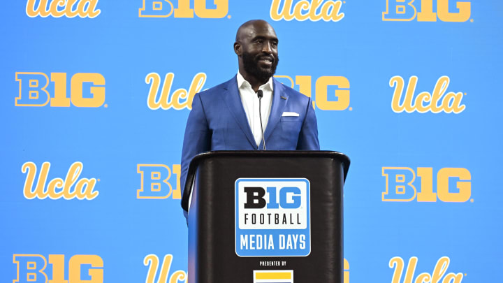 Jul 24, 2024; Indianapolis, IN, USA;  UCLA Bruins head coach DeShaun Foster speaks to the media during the Big 10 football media day at Lucas Oil Stadium. Mandatory Credit: Robert Goddin-USA TODAY Sports