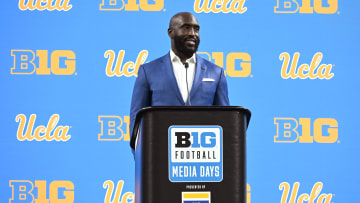 Jul 24, 2024; Indianapolis, IN, USA;  UCLA Bruins head coach DeShaun Foster speaks to the media during the Big 10 football media day at Lucas Oil Stadium. Mandatory Credit: Robert Goddin-USA TODAY Sports