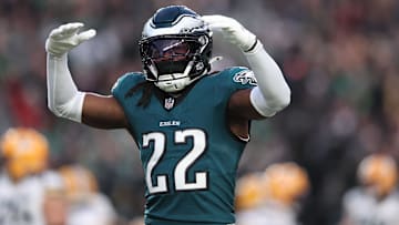 Jan 12, 2025; Philadelphia, Pennsylvania, USA; Philadelphia Eagles cornerback Kelee Ringo (22) reacts against the Green Bay Packers during the first quarter in the NFC wild card game at Lincoln Financial Field. Mandatory Credit: Bill Streicher-Imagn Images