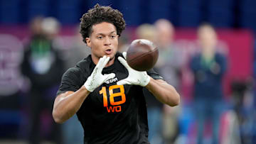 Mar 1, 2025; Indianapolis, IN, USA; Iowa State wideout Jayden Higgins (WO18) during the 2025 NFL Combine at Lucas Oil Stadium. Mandatory Credit: Kirby Lee-Imagn Images