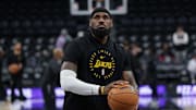Feb 12, 2025; Salt Lake City, Utah, USA;  Los Angeles Lakers forward LeBron James (23) warms up before a game against the Utah Jazz at Delta Center. Mandatory Credit: Chris Nicoll-Imagn Images