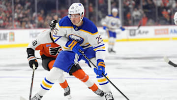 Mar 29, 2025; Philadelphia, Pennsylvania, USA; Buffalo Sabres defenseman Owen Power (25) controls the puck against the Philadelphia Flyers in the first period at Wells Fargo Center. Mandatory Credit: Kyle Ross-Imagn Images