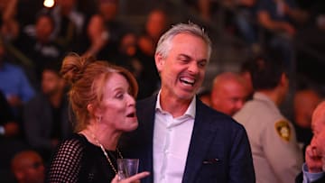Apr 13, 2024; Las Vegas, Nevada, USA; Fox Sports sports analysis Colin Cowherd with wife Ann Cowherd in attendance during UFC 300 at T-Mobile Arena. Mandatory Credit: Mark J. Rebilas-Imagn Images