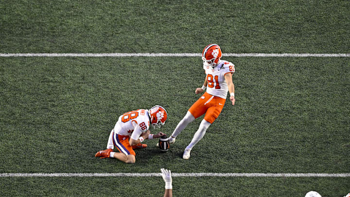 Dec 21, 2024; Austin, Texas, USA; Clemson Tigers wide receiver Clay Swinney (88) and place kicker Nolan Hauser (81) in action during the game between the Texas Longhorns and the Clemson Tigers in the CFP National Playoff First Round at Darrell K Royal-Texas Memorial Stadium. Mandatory Credit: Jerome Miron-Imagn Images