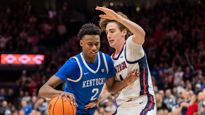 Kentucky Wildcats guard Jaxson Robinson (2) dribbles the ball against Gonzaga Bulldogs guard Dusty Stromer (4). Kentucky Wildcats guard Jaxson Robinson (2) dribbles the ball against Gonzaga Bulldogs guard Dusty Stromer (4).