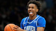 Xavier Musketeers forward Dailyn Swain (3) reacts after he gains control of the ball from the Butler Bulldogs during the first half of a game Wednesday, March 5, 2025, at Hinkle Fieldhouse in Indianapolis. Xavier defeated Butler 91-78.